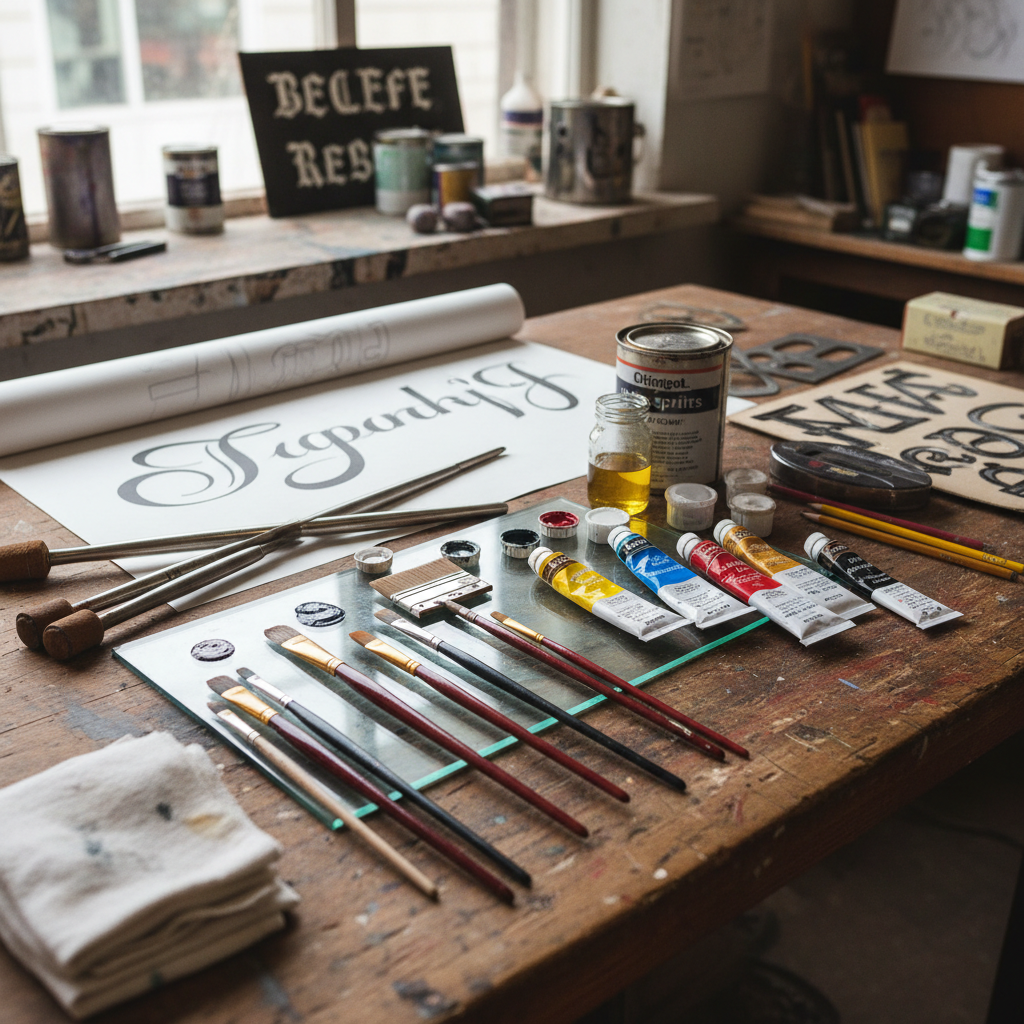 Una mesa de trabajo de artista con pinceles, tubos de pintura y bocetos de caligrafĆa sobre una superficie de madera.